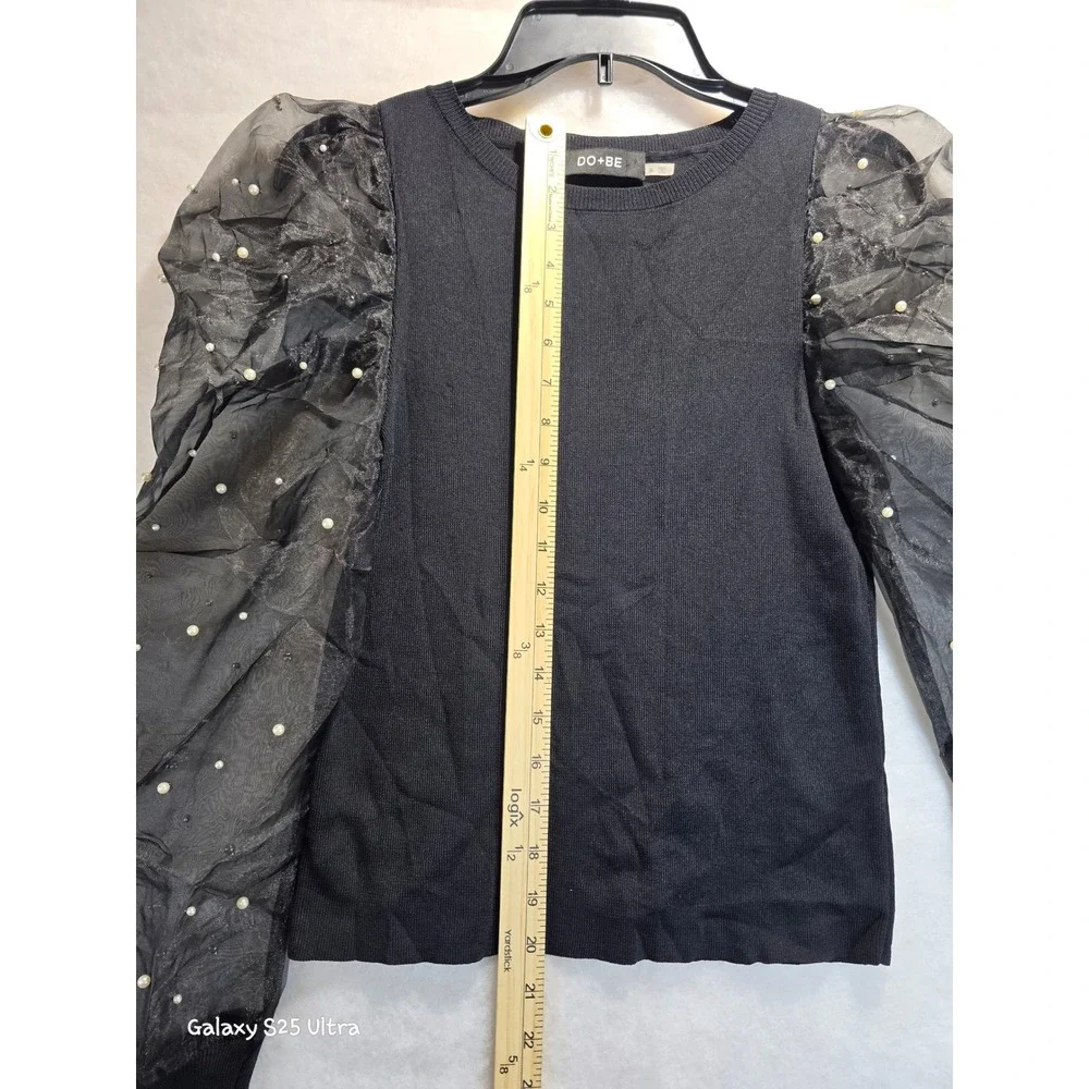 DO+BE Black Knit Pearl Embellished Sheer Puff Sleeve Top Y23569 Mens S - Picture 7 of 12